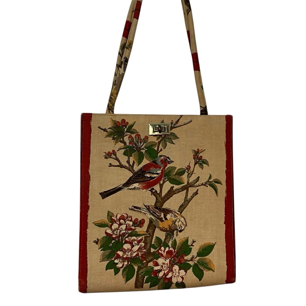 Vintage Margaret Smith Bird Floral Canvas Tote Bag Red Trim Maine Turn Lock